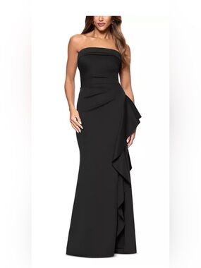 Aqua Strapless Black Ruffle Column Gown